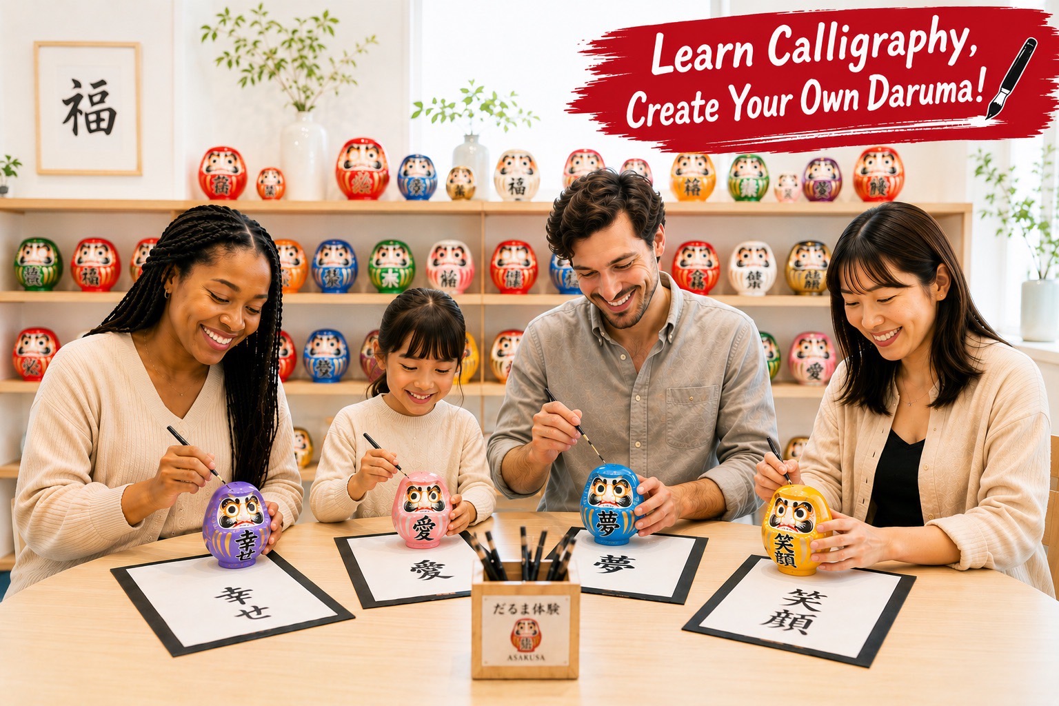 浅草で書道を学び、自分だけのだるまに絵付けを楽しむ参加者