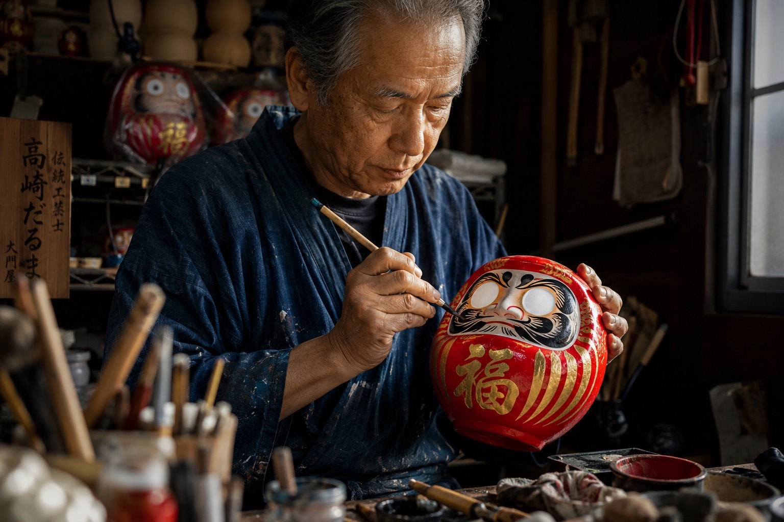 高崎の工房で職人が赤いだるまを手作りする様子